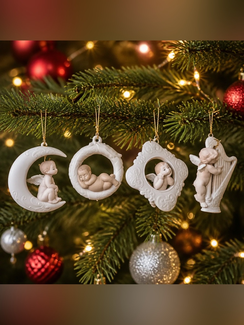 Lladró Matte Porcelain Handmade Christmas Wishes Hanging Ornaments Set 4 2002